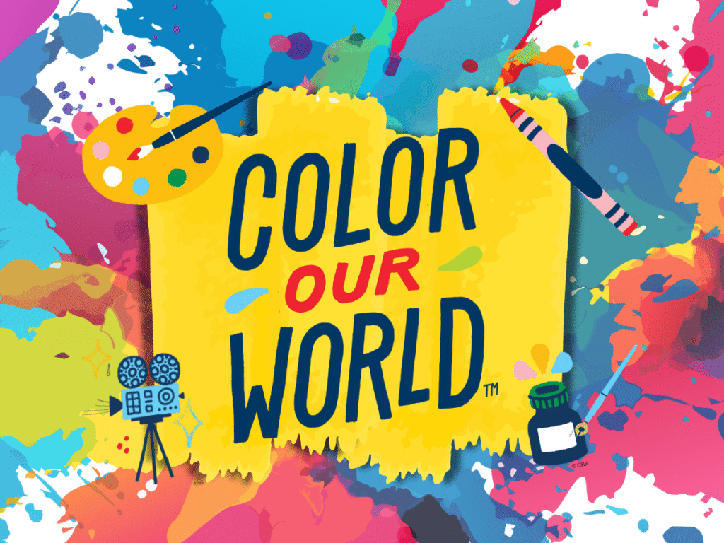 Color Our World with paint splatters and art supplies