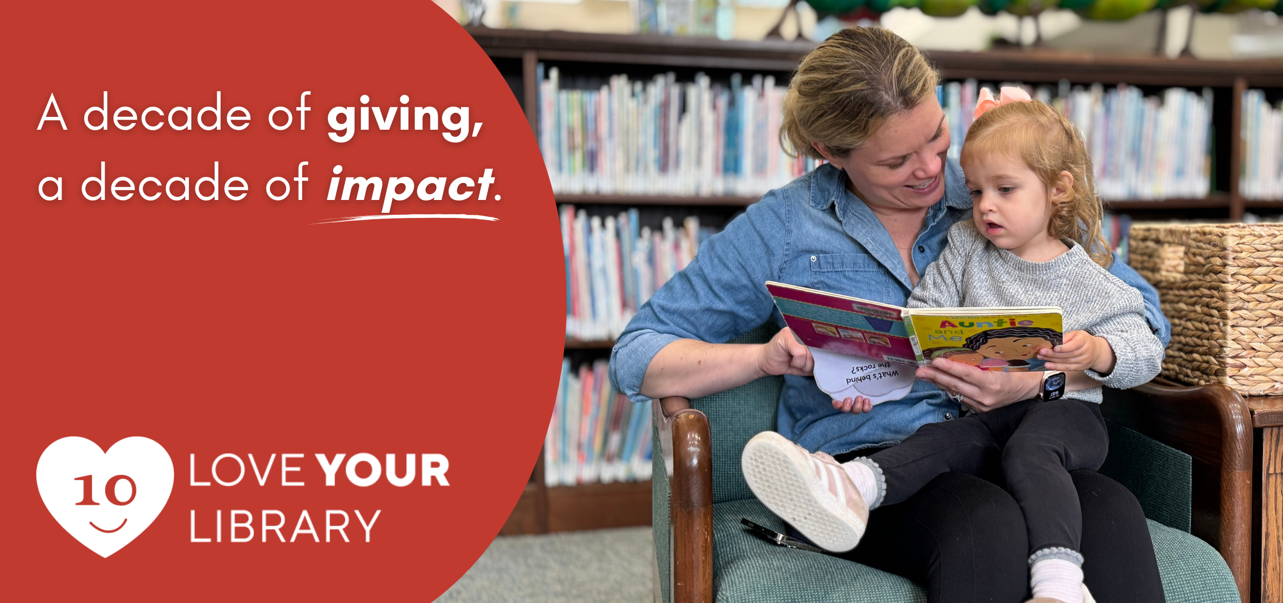 A decade of giving, a decade of impact. Love Your Library. Image of mother reading to child on lap in the Children's Department.