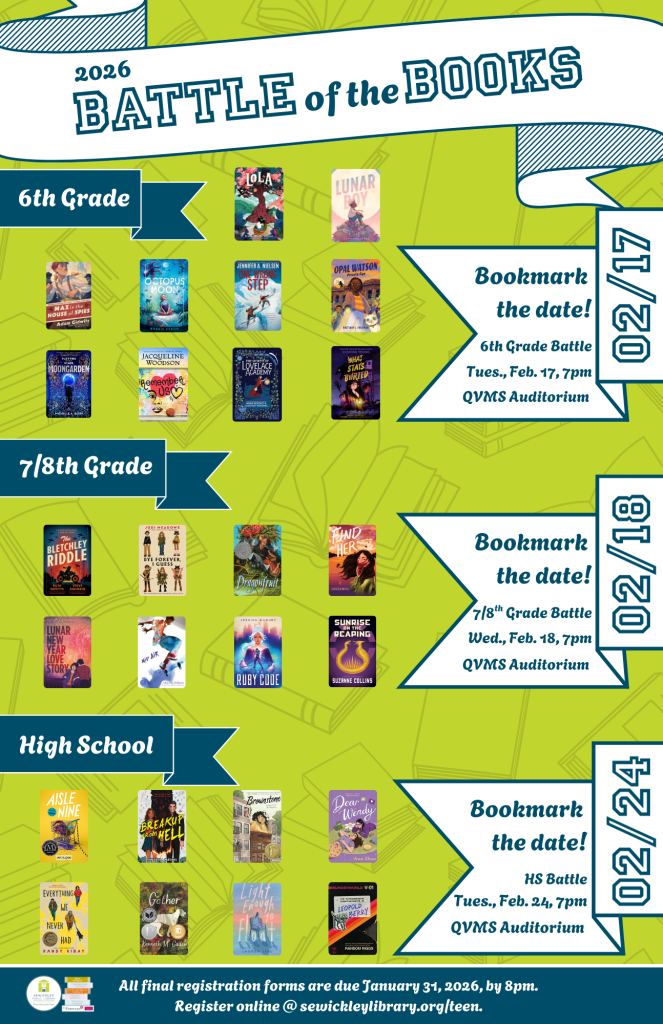 This image displays the book covers of the 2026 Teen Battle of the Books and announces the dates and location of the grade-level battles. The 6th Grade Battle will occur on Tuesday, February 17th, 2026. The 7th and 8th Grade Battle will occur on Wednesday, February 18th, 2026. And the High School Battle will occur on Tuesday, February 24th, 2026. All battles will begin at 7pm in the Quaker Valley Middle School Auditorium.