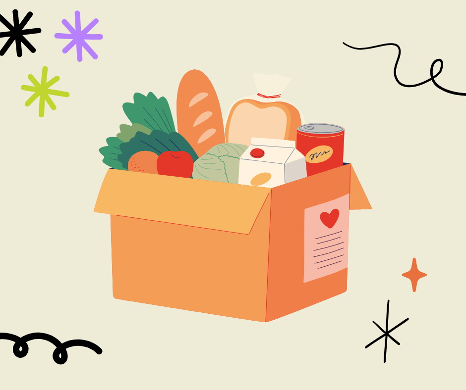 Graphic image of box filled with food pantry items