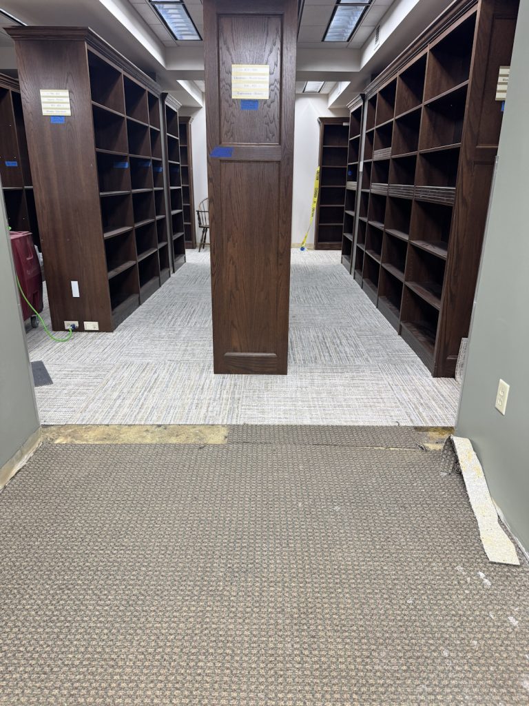 View of non-fiction stacks showing old and new carpet side by side