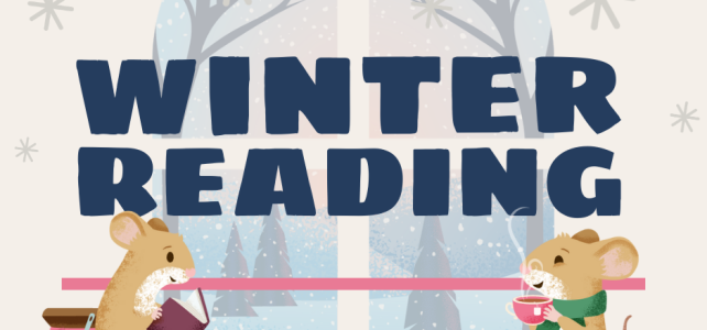 Winter Reading with two little mice reading & drinking tea in front of a snowy window scene