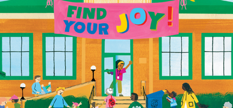 Outside of a library with lots of people around and a staff member welcoming visitors inside. Banner reads "Find Your Joy!"