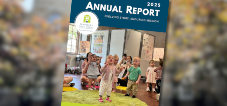 Cover of 2025 Annual Report over very blurry background image of library entrance