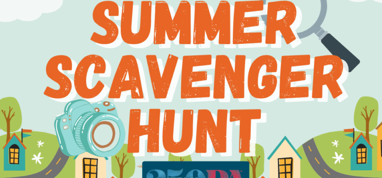 Summer Scavenger Hunt – America 250 Edition Summer Scaventer Hunt America 250 PA with magnifying glass, camera and town with homes and roads