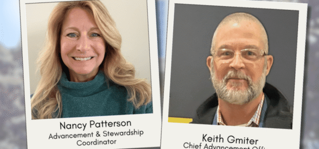 Polaroid style images featuring portraits of Nancy and Keith over blurry background of library entrance.