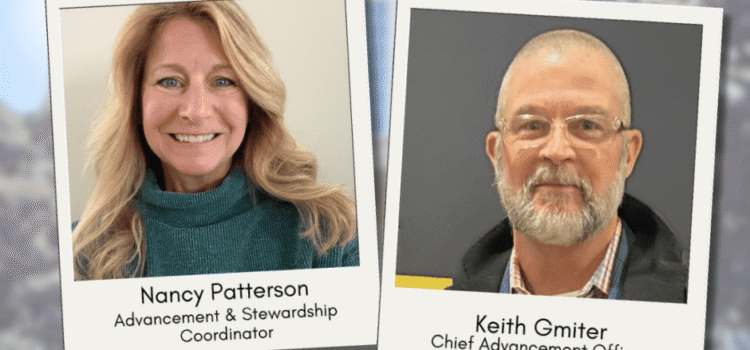 Introducing the New Advancement Team Polaroid style images featuring portraits of Nancy and Keith over blurry background of library entrance.