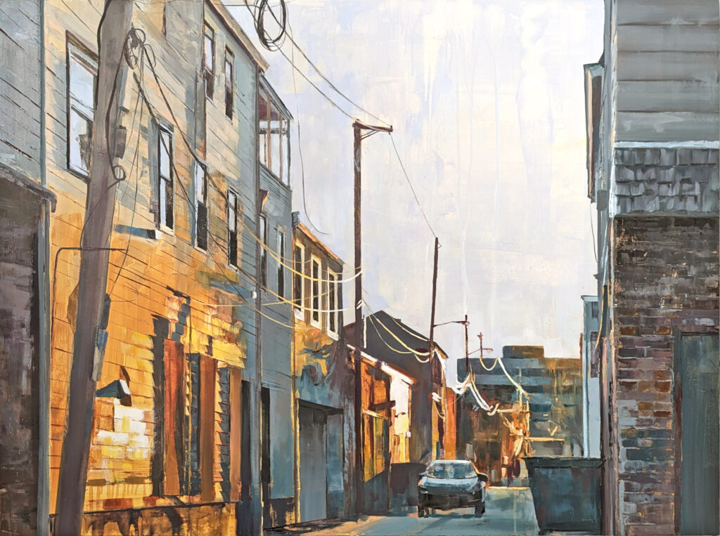 A painting by Annie Heisey depicting buildings lining a street lit by the sun in golden colors