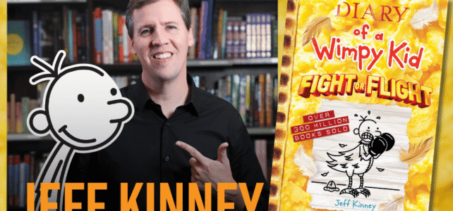Author Jeff Kinney with Greg Heffley drawing and cover of Fight or Flight over background of scrambled eggs