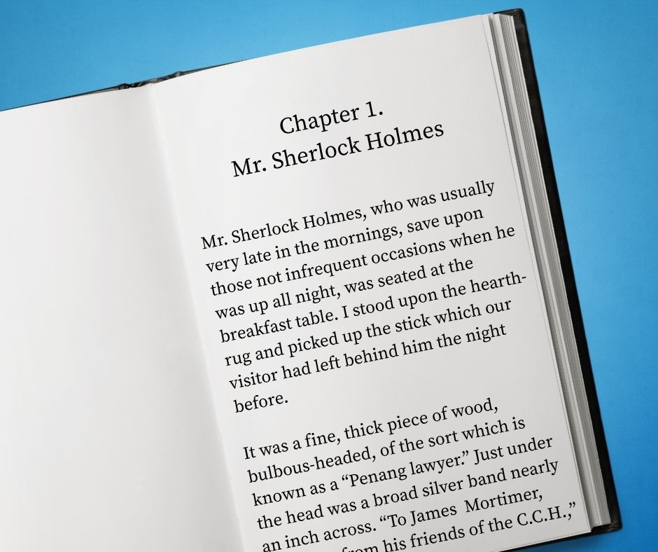 Large print book with opening chapter of Sherlock Holmes book on blue background