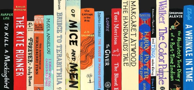 Celebrating the Freedom to Read Spines of historically baned books on dark background