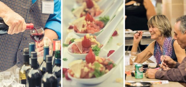 Savoring Sewickley Marks 25 Years! Three images: hands pouring a glass of wine, appetizers in spooms on table, and woman sitting at a table and smiling as a man eats nearby