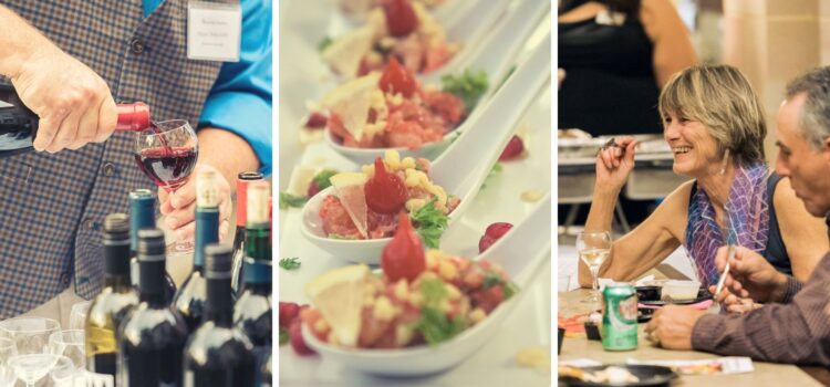 Savoring Sewickley Marks 25 Years! Three images: hands pouring a glass of wine, appetizers in spooms on table, and woman sitting at a table and smiling as a man eats nearby